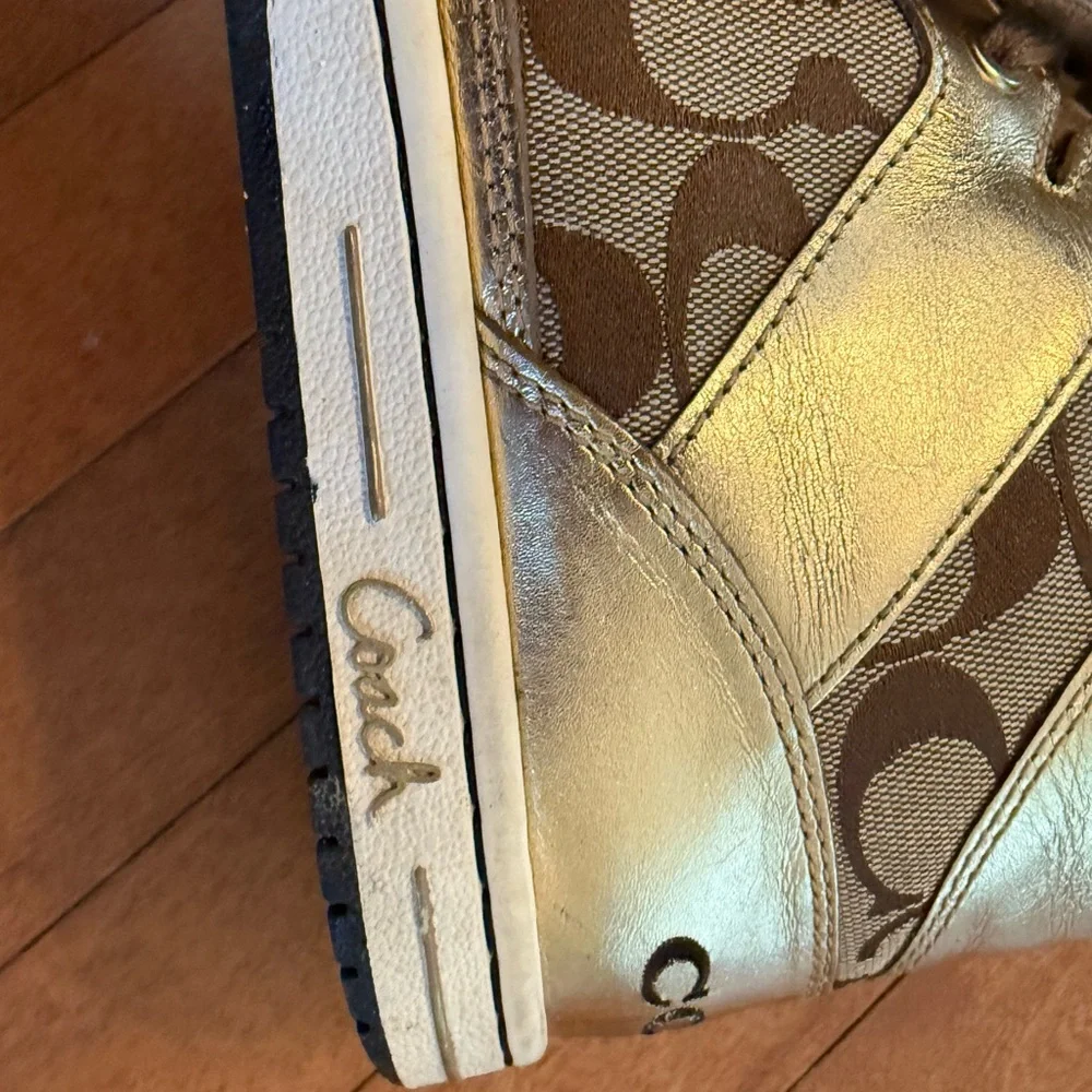Coach Metallic Gold and Brown High-Top Sneakers - Picture 7 of 16
